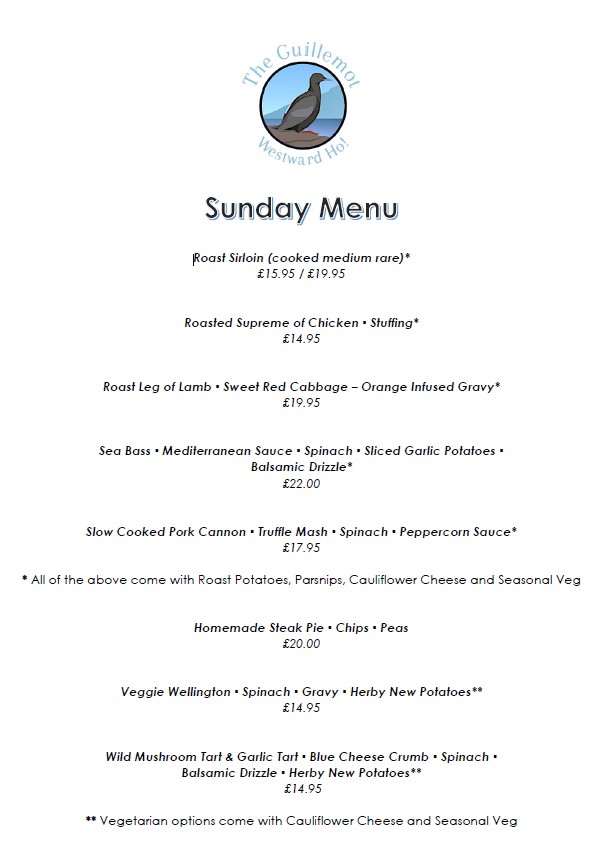 Guillemot sunday roast westward ho!