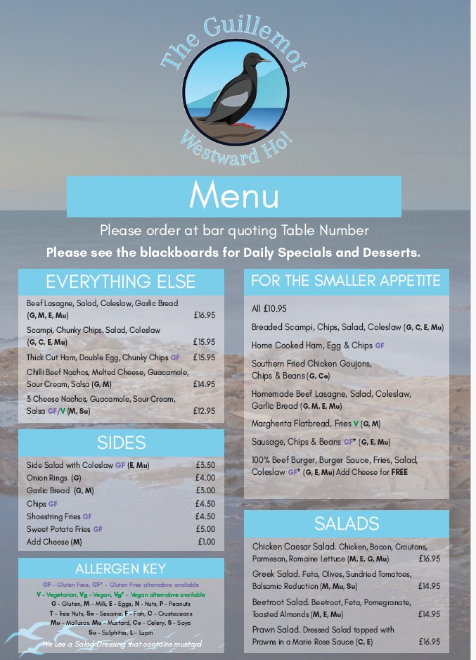 Guillemot bar menu