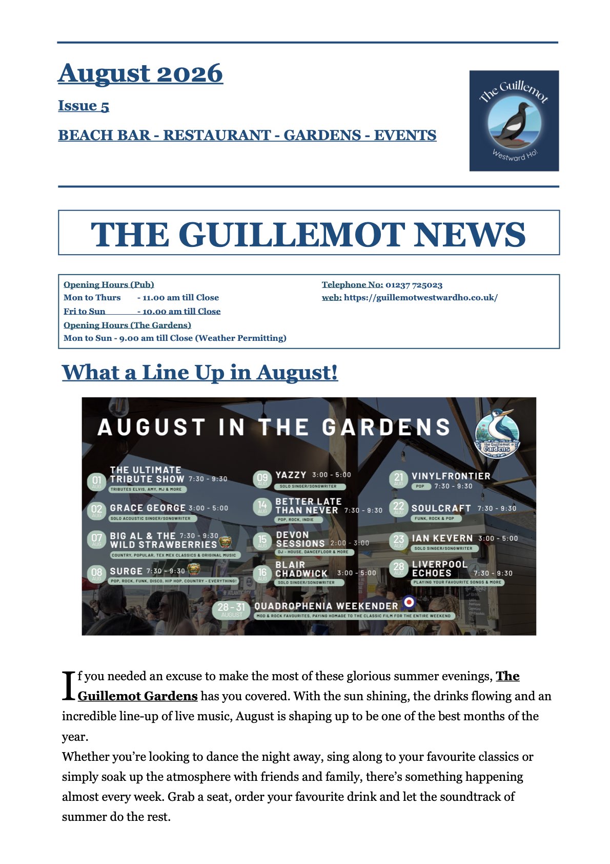 August at The Guillemot Gardens – Live Music, Cocktails, Great Food & Unforgettable Summer Nights!